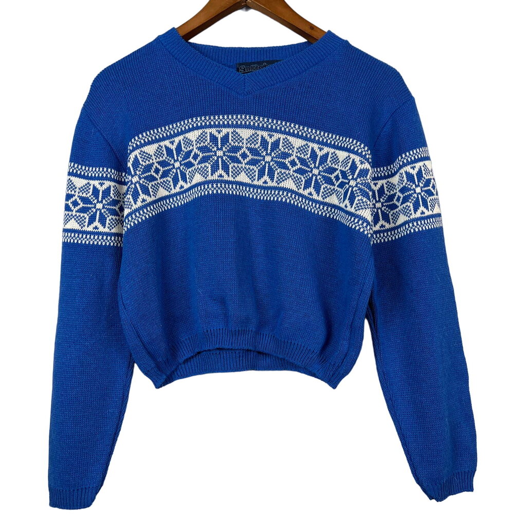 Vintage 80s Smooches Sweater Arglye V Neck Long Sleeve Blue Academia Preppy - L